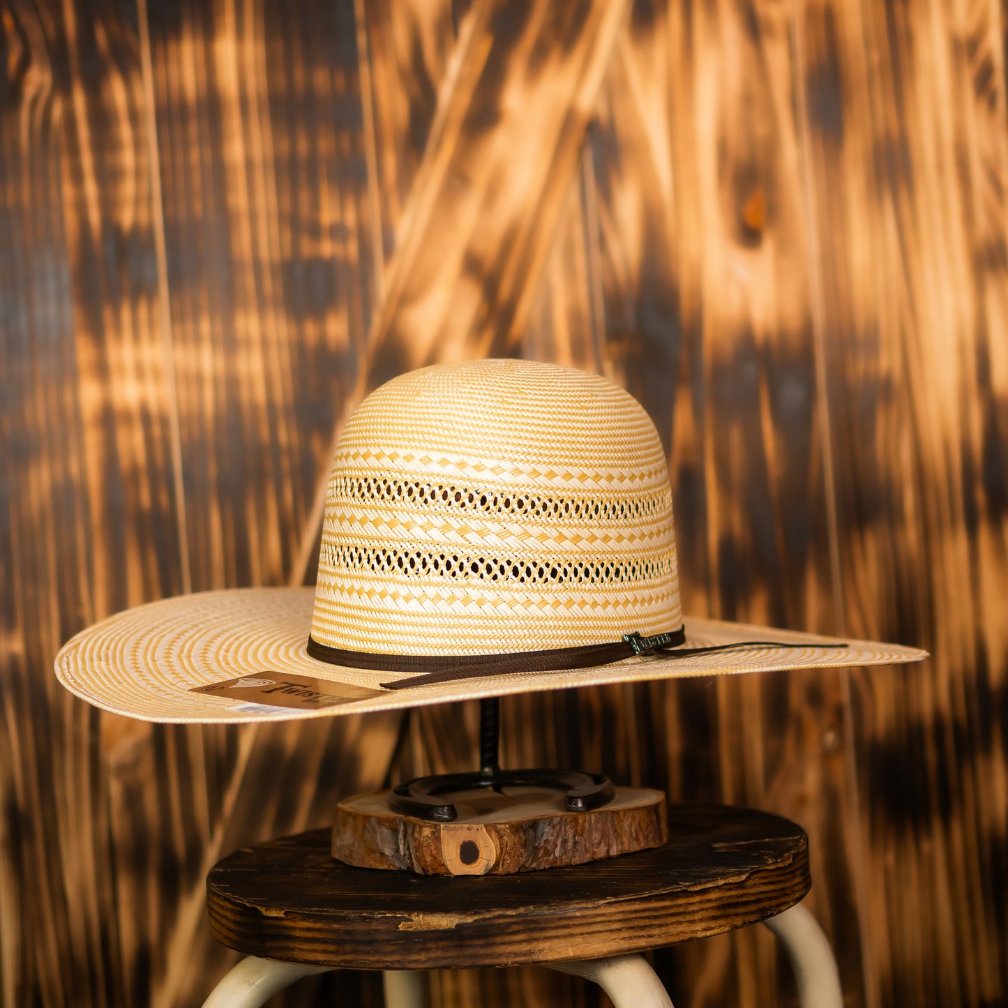Twister Straw Hat Regular Crown Two Rounds Tan White