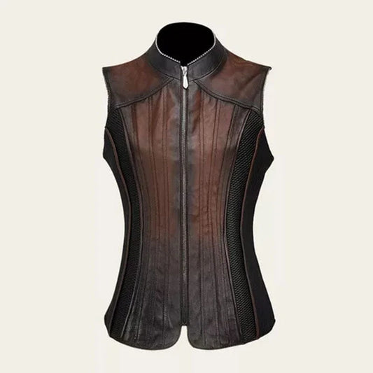 Cuadra Ladies Brown Zipper and Woven Ovine Vest