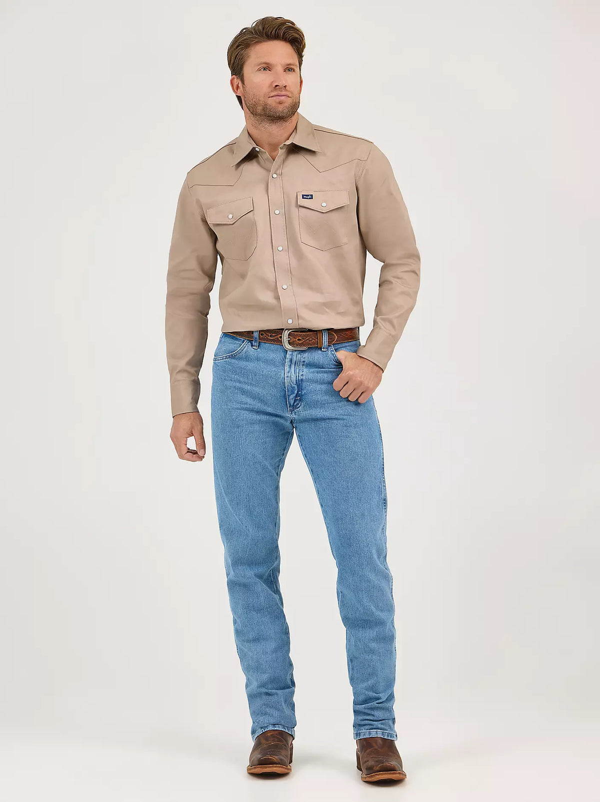 Wrangler Mens Cowboy Cut® Firm Finish Twill Western Snap Work Shirt Khaki