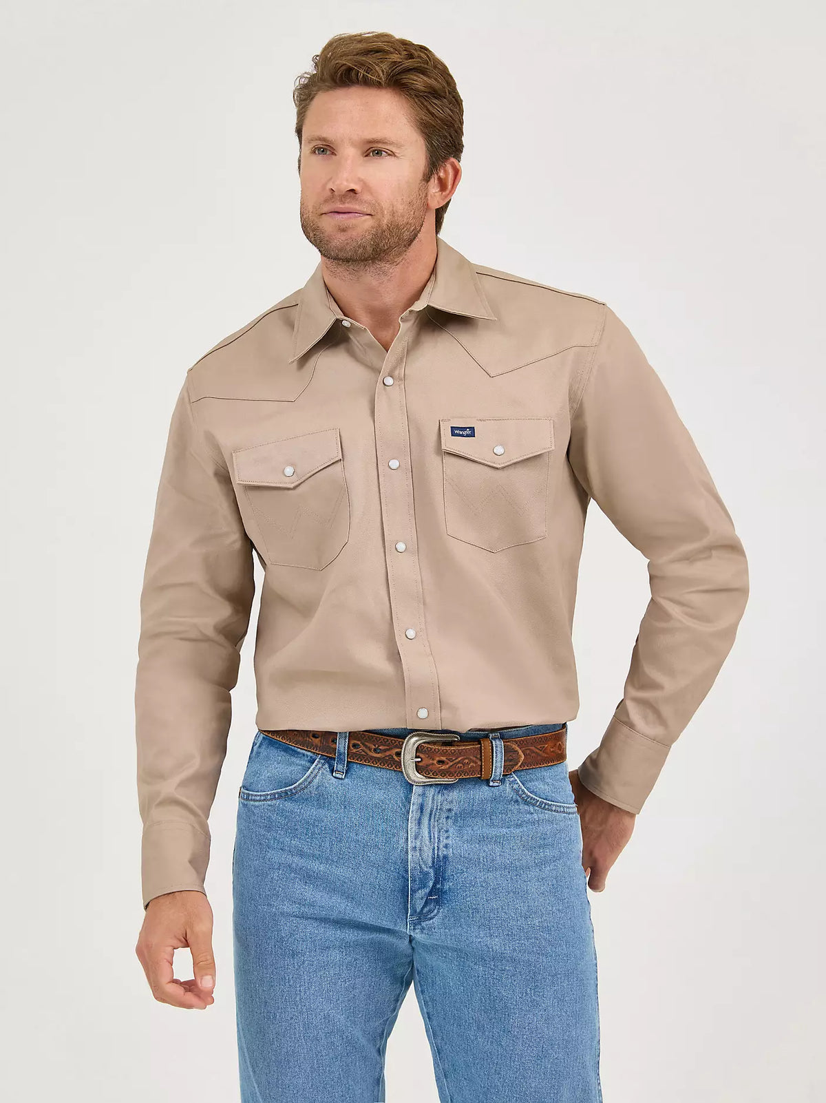 Wrangler Mens Cowboy Cut® Firm Finish Twill Western Snap Work Shirt Khaki
