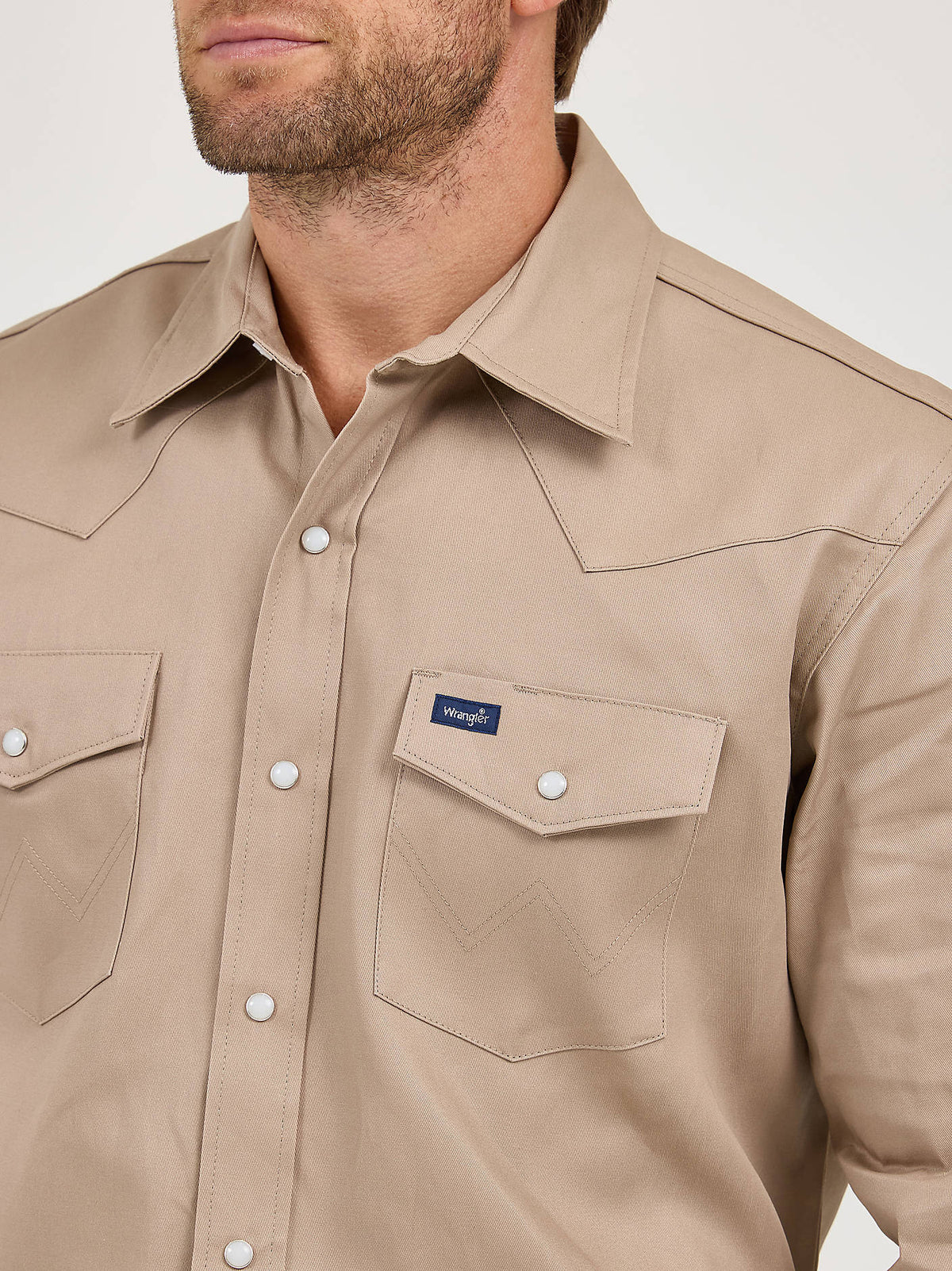 Wrangler Mens Cowboy Cut® Firm Finish Twill Western Snap Work Shirt Khaki