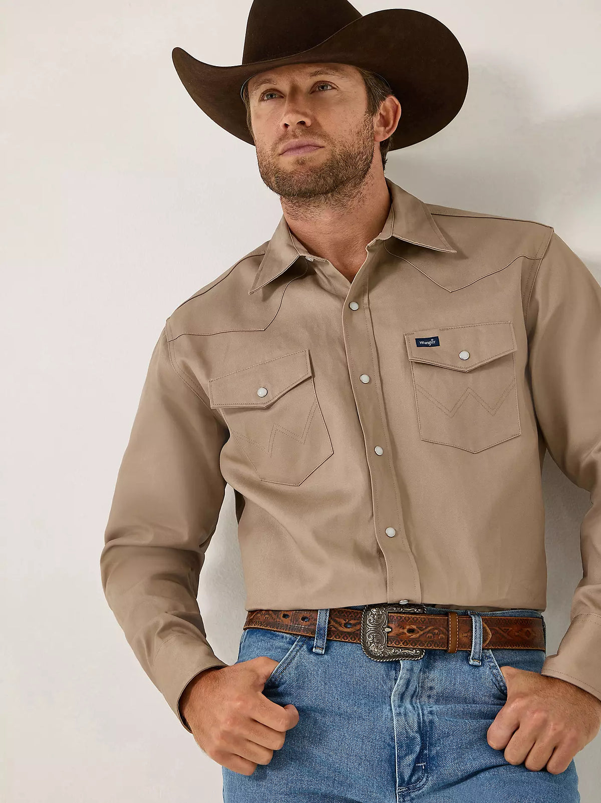 Wrangler Mens Cowboy Cut® Firm Finish Twill Western Snap Work Shirt Khaki