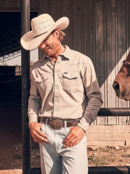 Wrangler Mens Cowboy Cut® Firm Finish Twill Western Snap Work Shirt Khaki