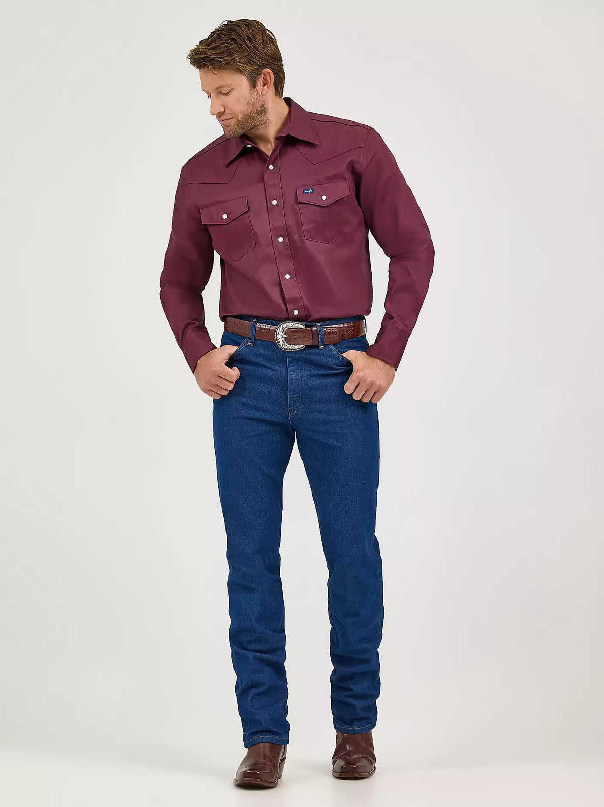 Wrangler Mens Cowboy Cut® Firm Finish Twill Western Snap Work Shirt Red Oxide