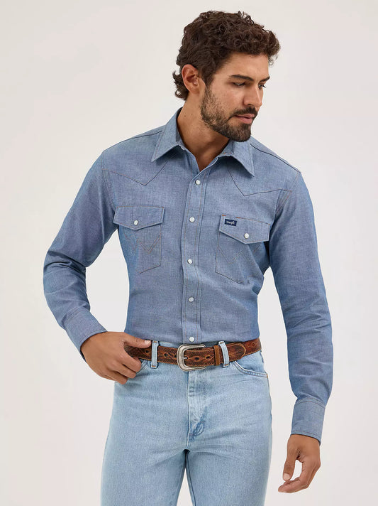 Wrangler Men's Cowboy Cut® Long Sleeve Western Snap Chambray Blue Work Shirt