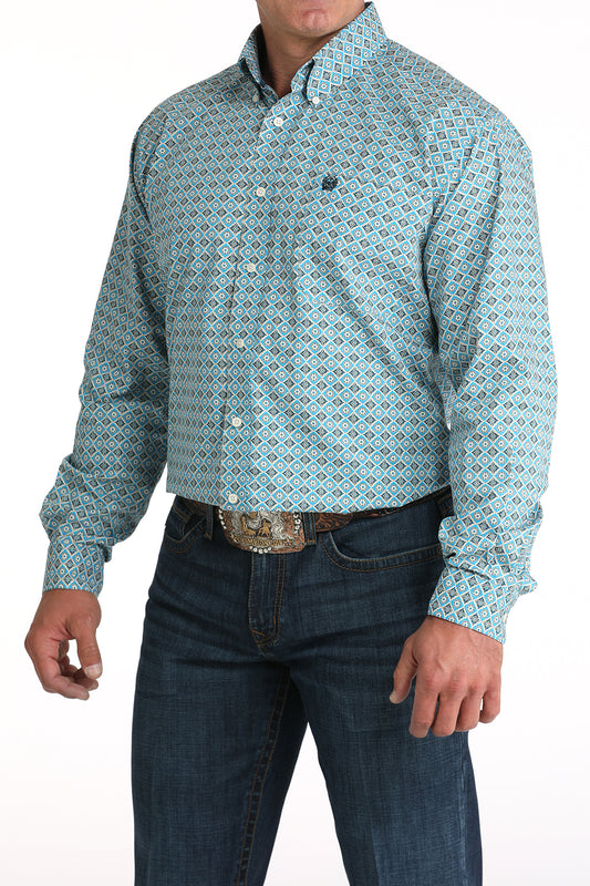 Cinch Men's Geometric Print Long Sleeve Shirt Blue