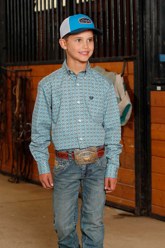 Cinch Boy's Geo Print Long Sleeve In Blue
