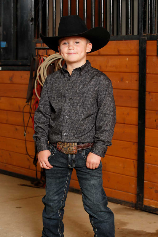 Cinch Boy's Geo Print Long Sleeve In Charcoal