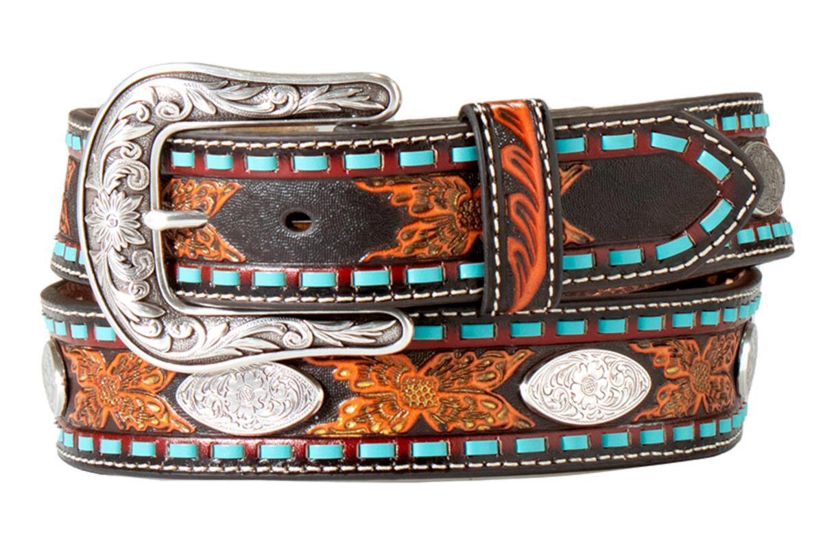 Nocona 1 1/2 Embosed Flowers Oval Conch Belt Black and Red
