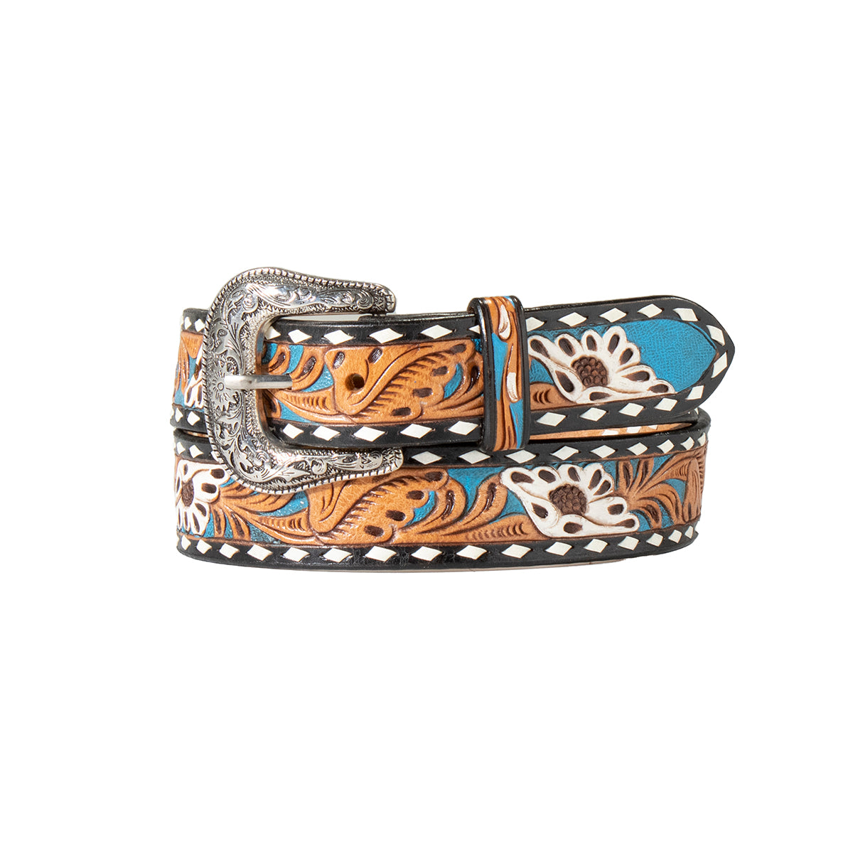 Nocona Ladies Belt 1 1/2 Hand Tooled Painted Floral Inlay Blue and Black