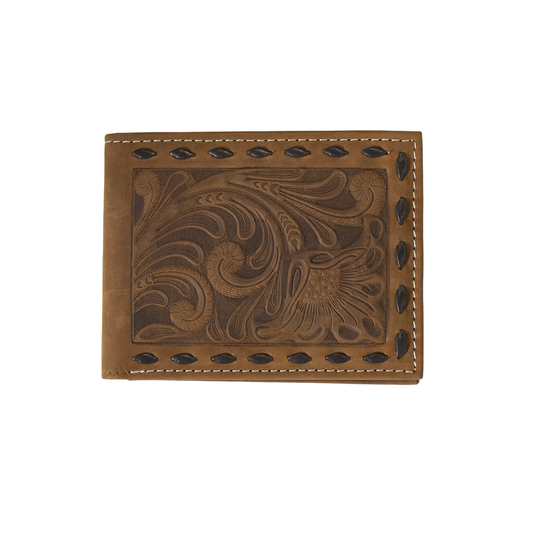 Nocona Bifold Wallet Floral Embossed Chocolate Buck Lacing Brown