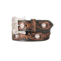 Nocona Ladies Belt 1 1/2" Crystal Floral Hand Tooled Brown