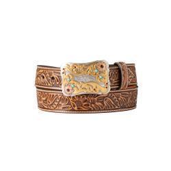 Nocona Ladies Belt 1 1/2 Inch Floral Embosed Scaloped Natural Color