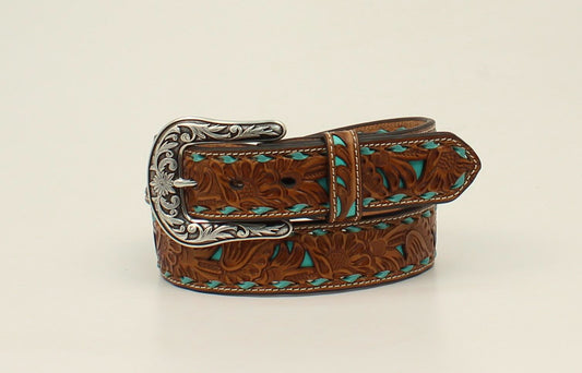 Nocona Ladies Pierced Leather Belt Tan with Turquoise Accents