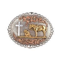 Nocona Mens Oval Buckle Bead Edge Praying Cowboy Antique Silver and Gold Finish