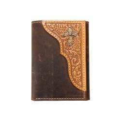 Nocona Trifold Style Mens Wallet Embossed Scroll Cross Concho Medium Brown
