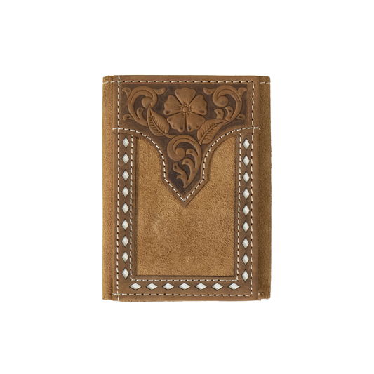 Nocona Trifold Wallet Floral Embossed White Buck Lacing Tan