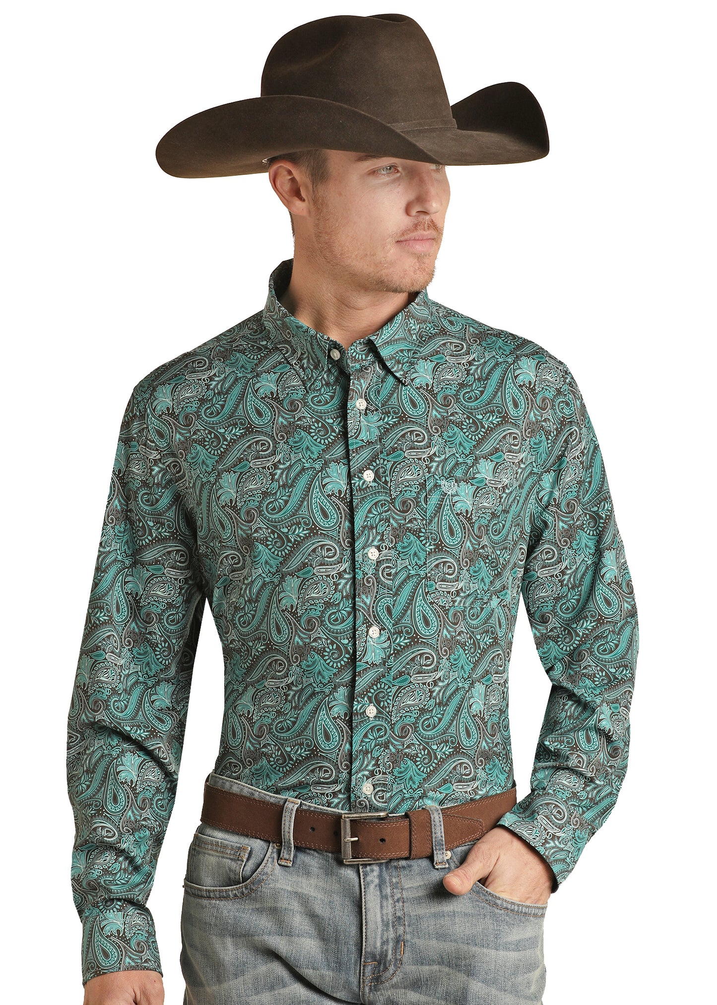 Rock & Roll Panhandle Performance Men's Long Sleeve Geo Print Woven Shirt Caribbean