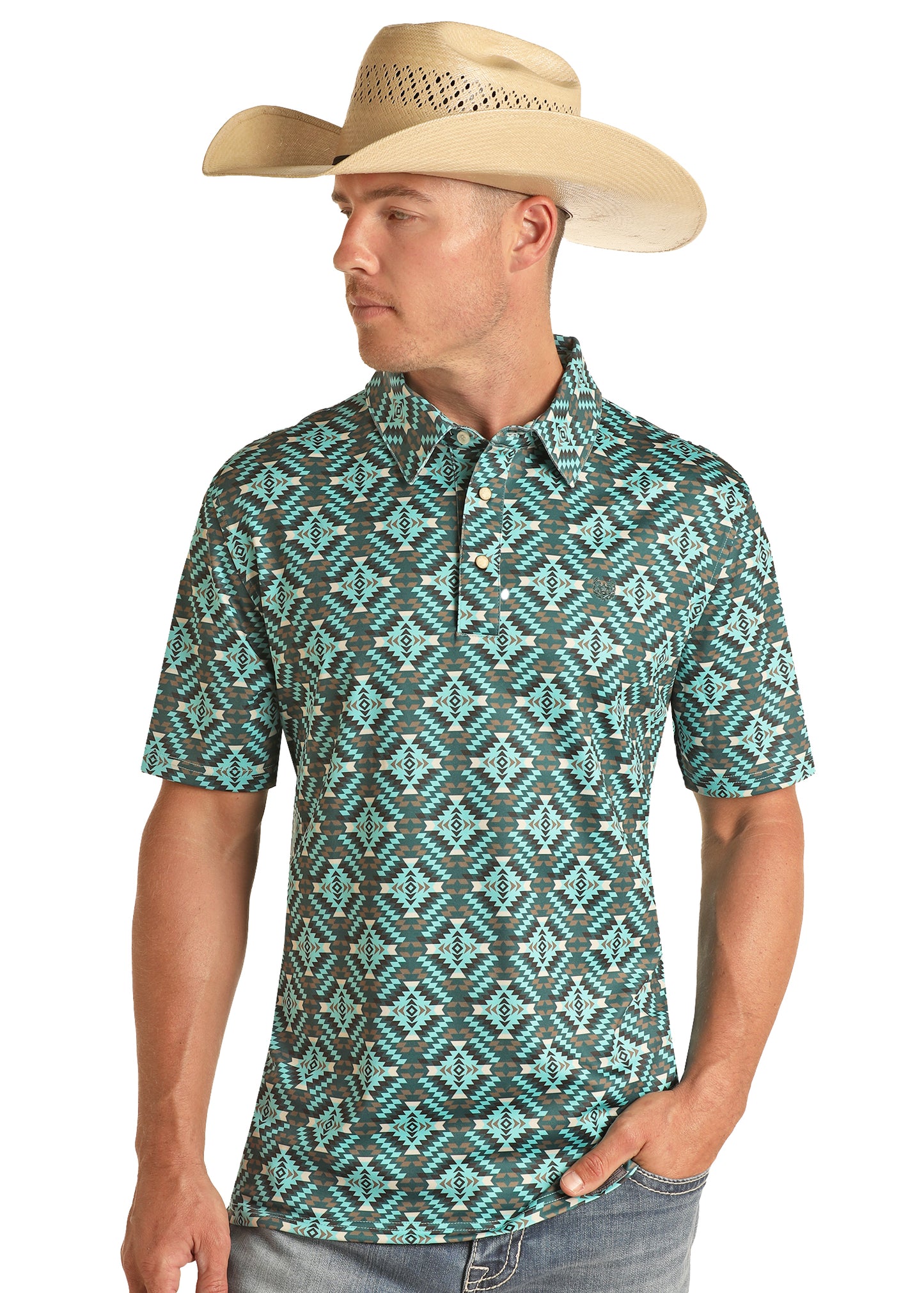 Rock & Roll Panhandle Performance Men's Aztec Snap Knit Short Sleeve Polo Turquoise