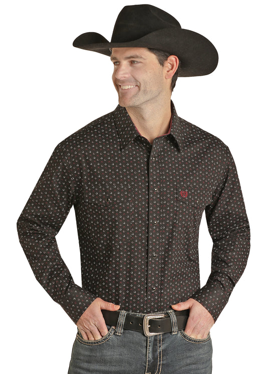 Rock & Roll Panhandle Select Men's Long Sleeve Horseshoe Print Snap Shirt Burgundy