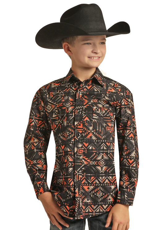 Rock & Roll Denim Boy's Aztec Stripe Print Stretch Snap Shirt Peach
