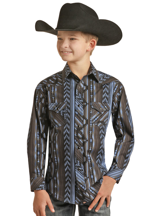 Rock & Roll Denim Boy's Aztec Stripe Print Stretch Snap Shirt Blue