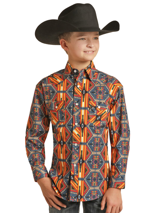 Rock & Roll Denim Boy's Long Sleeve Aztec Print Dale Brisby Snap Shirt Tan