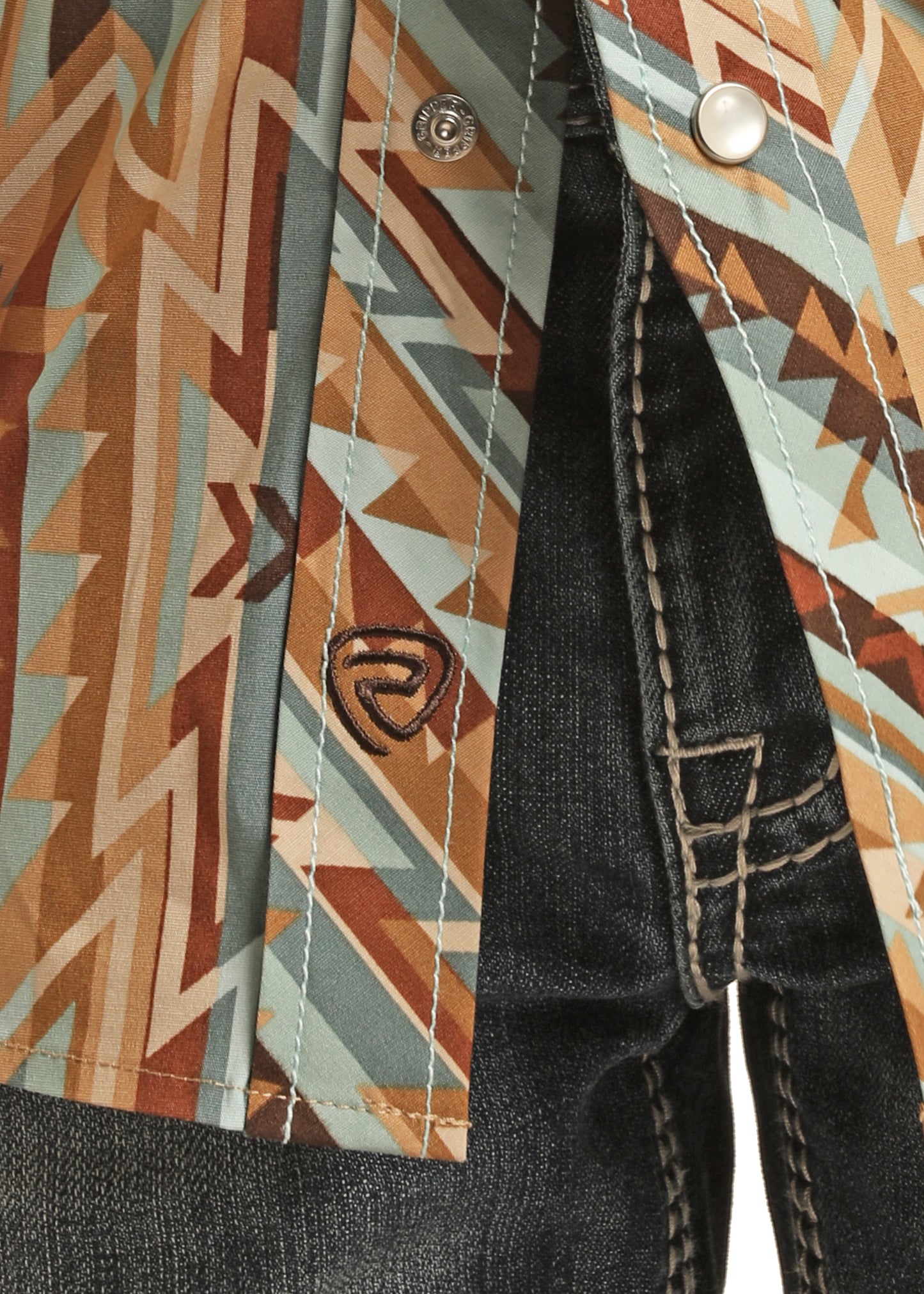 Rock & Roll Denim Boy's Aztec Stripe Print Stretch Snap Shirt Brown
