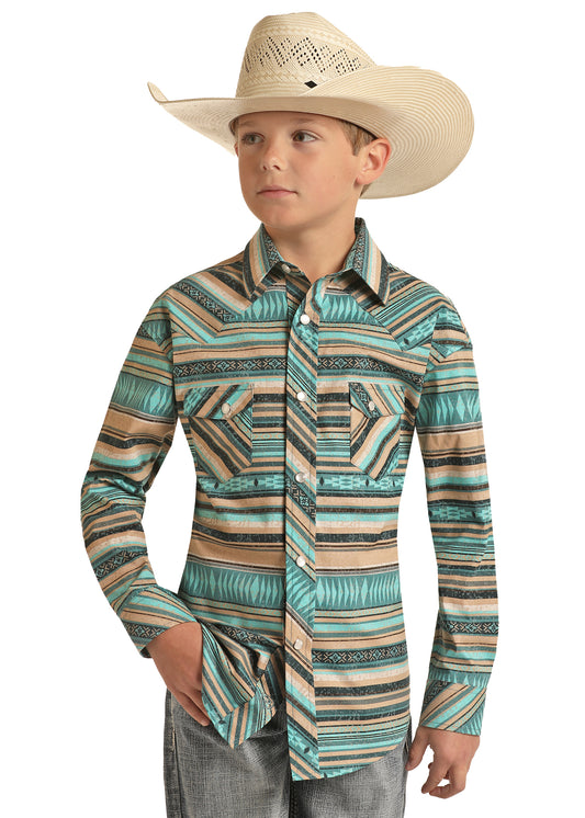 Rock & Roll Denim Boy's Modern Fit Aztec Stripe Woven Stretch Long Sleeve Snap Shirt Teal