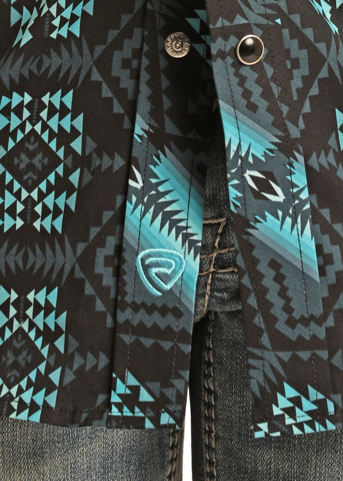 Rock & Roll Denim Boy's Modern Fit Aztec Woven Stretch Long Sleeve Snap Shirt Teal