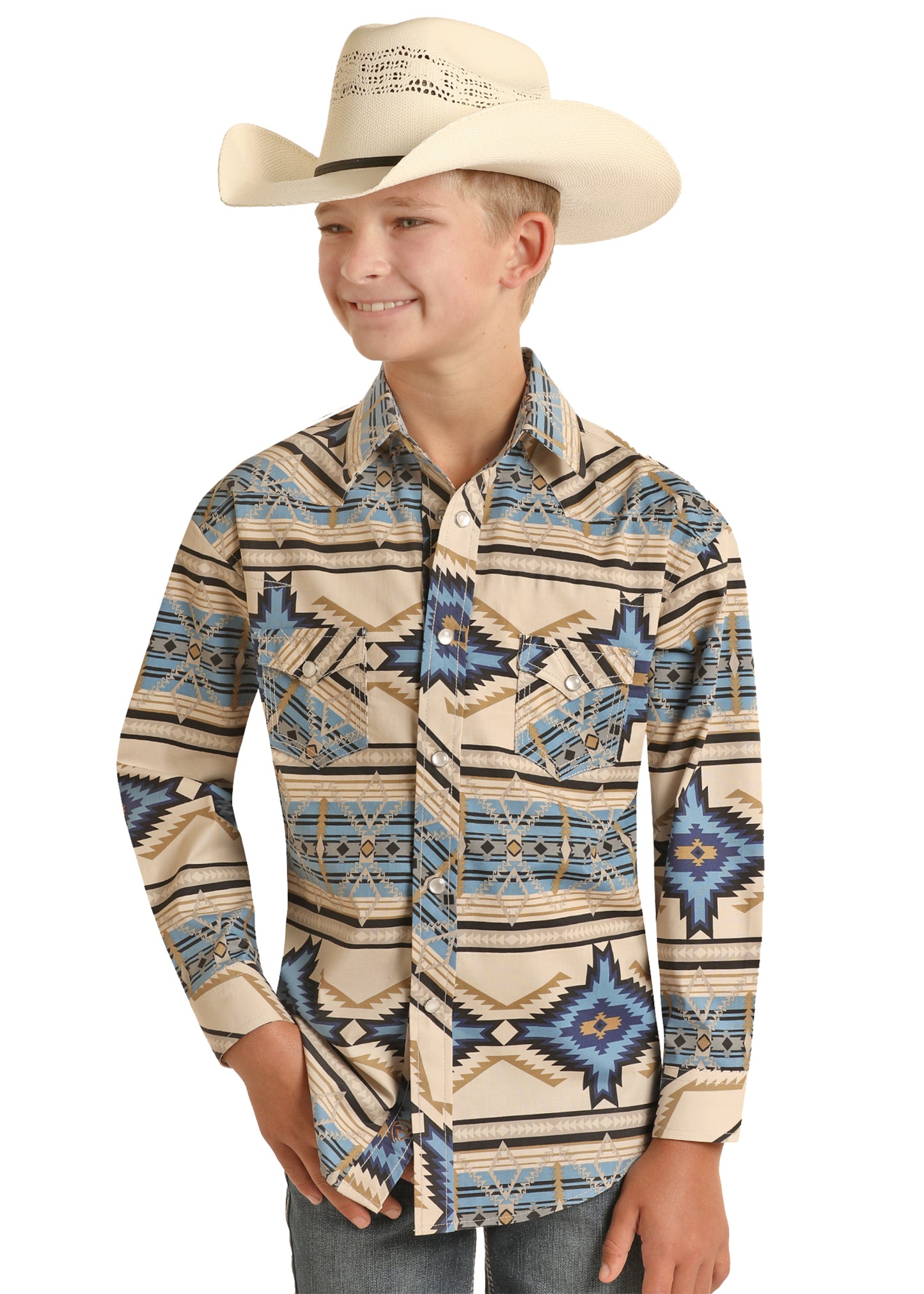 Rock & Roll Denim Boy's Aztec Woven Long Sleeve Snap Shirt Blue