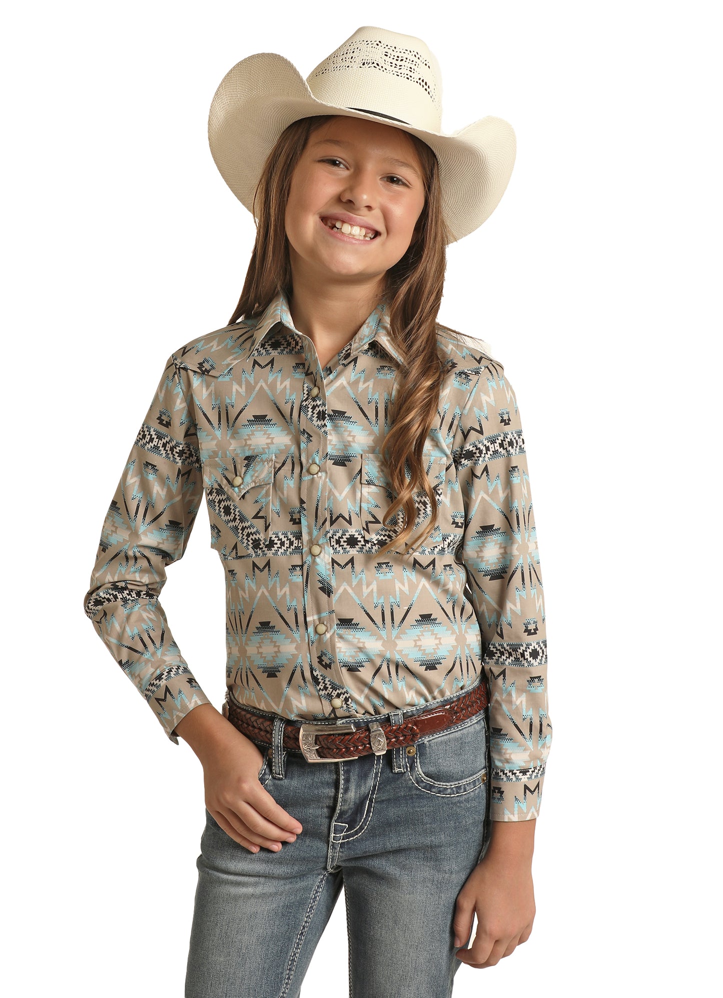 Rock & Roll Cowgirl Girl's Aztec Vintage Long Sleeve Snap Shirt Teal