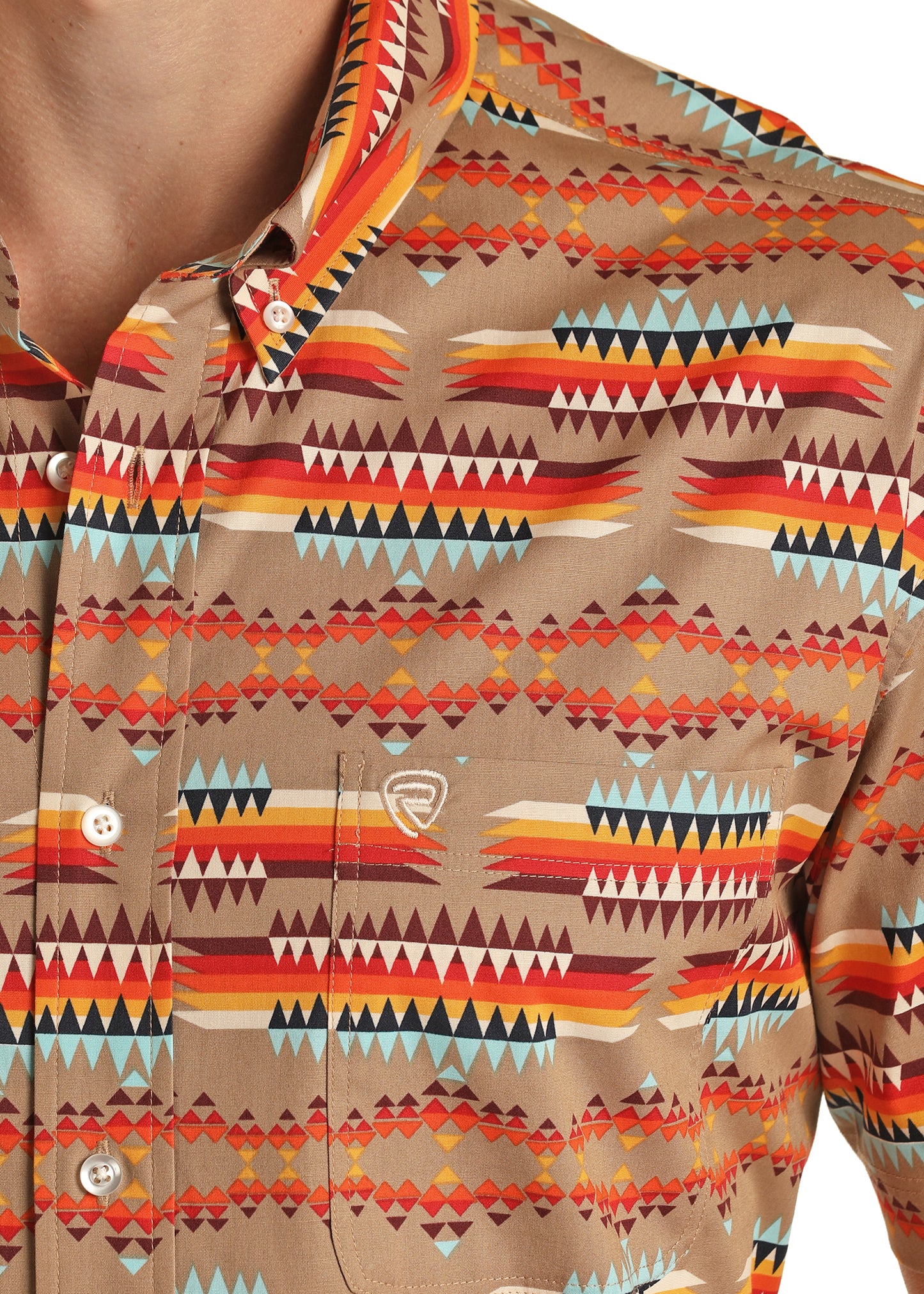 Rock & Roll Denim Men's Classic Fit Aztec Woven Short Sleeve Button Shirt Tan
