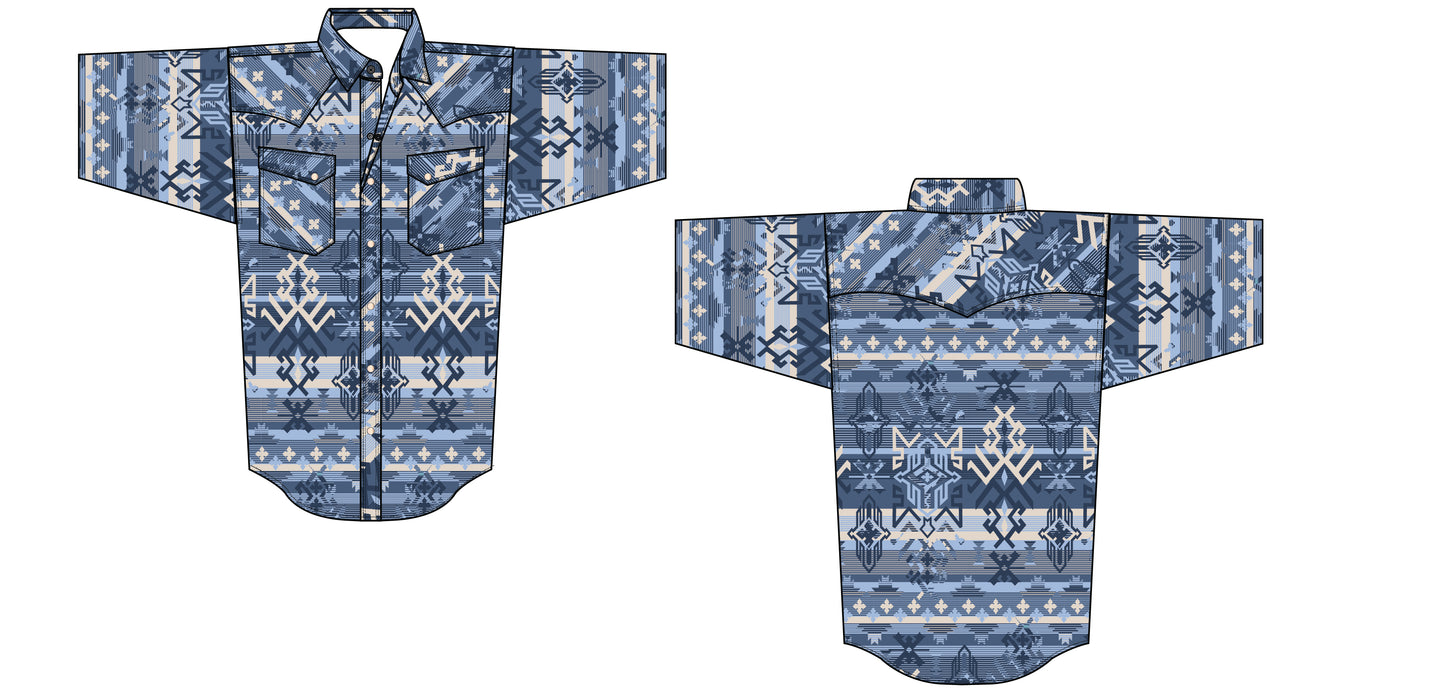 Rock & Roll Denim Men's Modern Fit Aztec Woven Short Sleeve Snap Shirt Blue