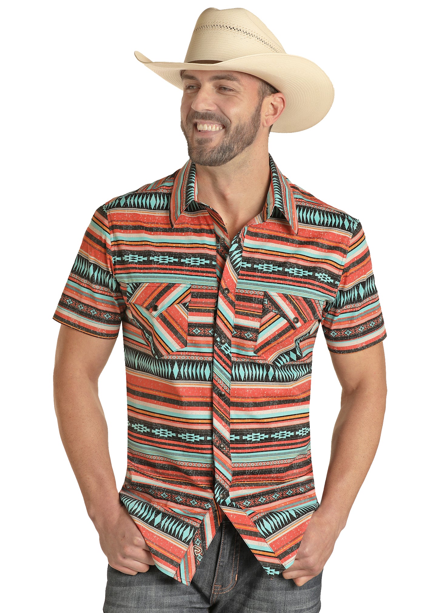 Rock & Roll Denim Men's Modern Fit Aztec Stripe Woven Short Sleeve Snap Shirt Orange