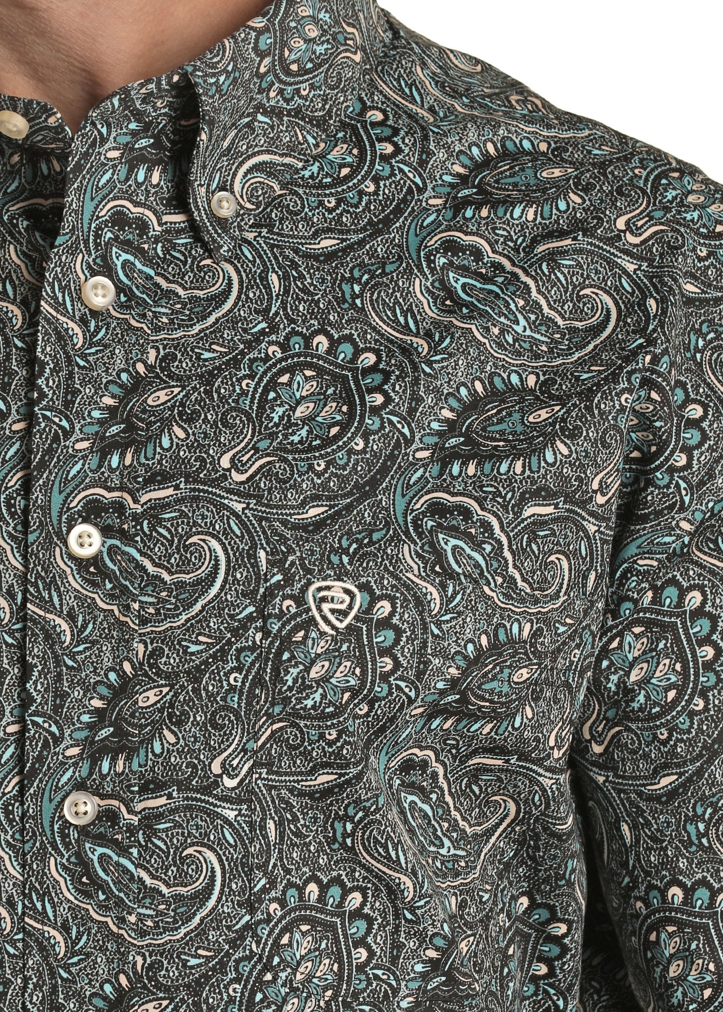 Rock & Roll Denim Men's Classic Fit Paisley Print Button Down Shirt Turquoise