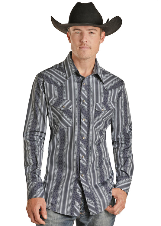 Rock & Roll Denim Men's Modern Fit Aztec Stripe Snap Shirt Blue