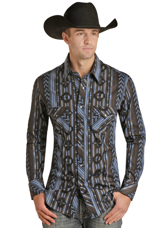 Rock & Roll Denim Men's Modern Fit Aztec Print Snap Shirt Blue