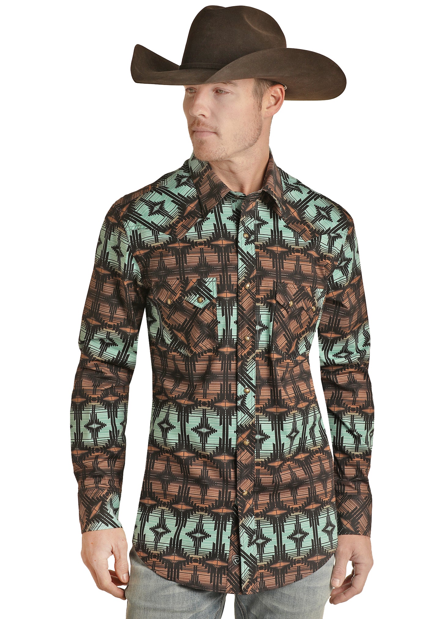 Rock & Roll Denim Men's Modern Fit Aztec Print Snap Shirt Teal