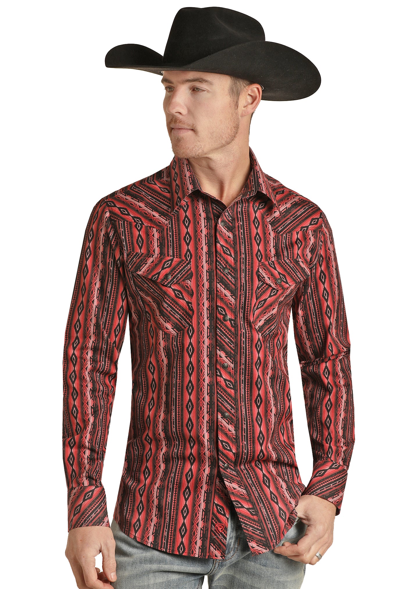 Rock & Roll Denim Men's Modern Fit Aztec Stripe Print Snap Shirt Burgundy