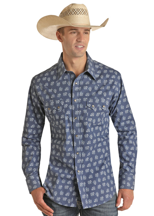 Rock & Roll Denim Men's Modern Fit Floral Vintage Long Sleeve Snap Shirt Blue