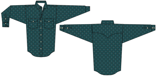 Rock & Roll Denim Men's Modern Fit Medallion Woven Long Sleeve Snap Shirt Teal