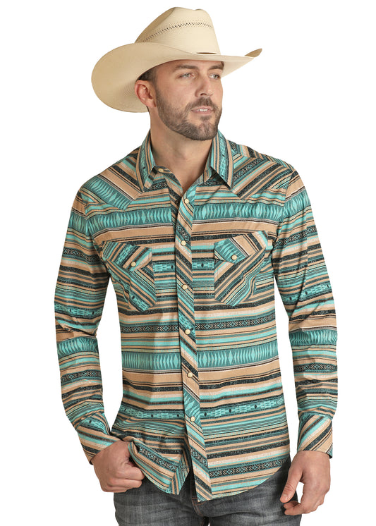 Rock & Roll Denim Men's Modern Fit Aztec Strip Woven Long Sleeve Snap Shirt Teal