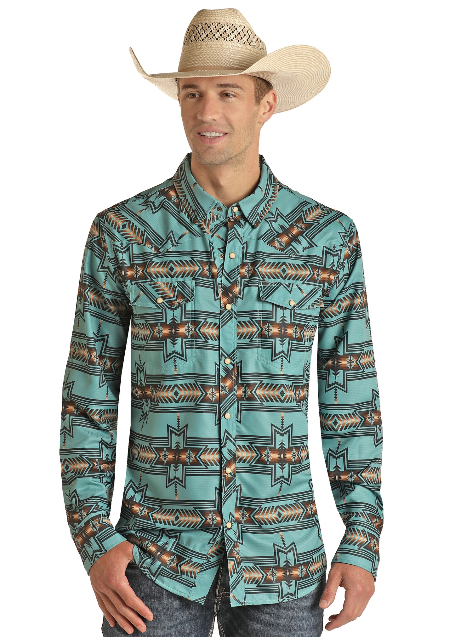 Rock & Roll Denim Men's Aztec Ripstop Long Sleeve Snap Shirt Teal