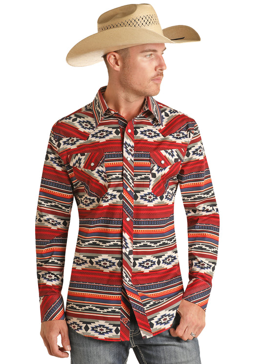 Rock & Roll Denim Men's Modern Fit Aztec Stripe Woven Long Sleeve Snap Shirt Red