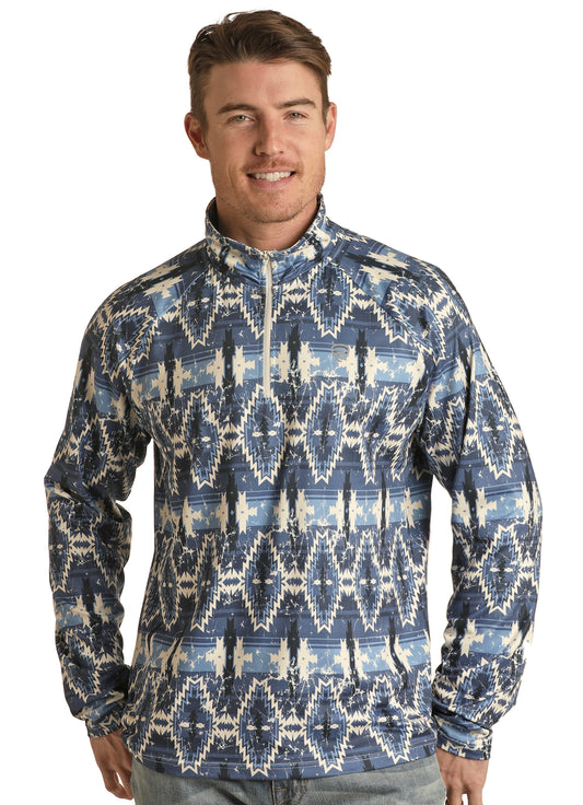 Rock & Roll Denim Men's Aztec Print Performance Quarter Zip Jacket Blue