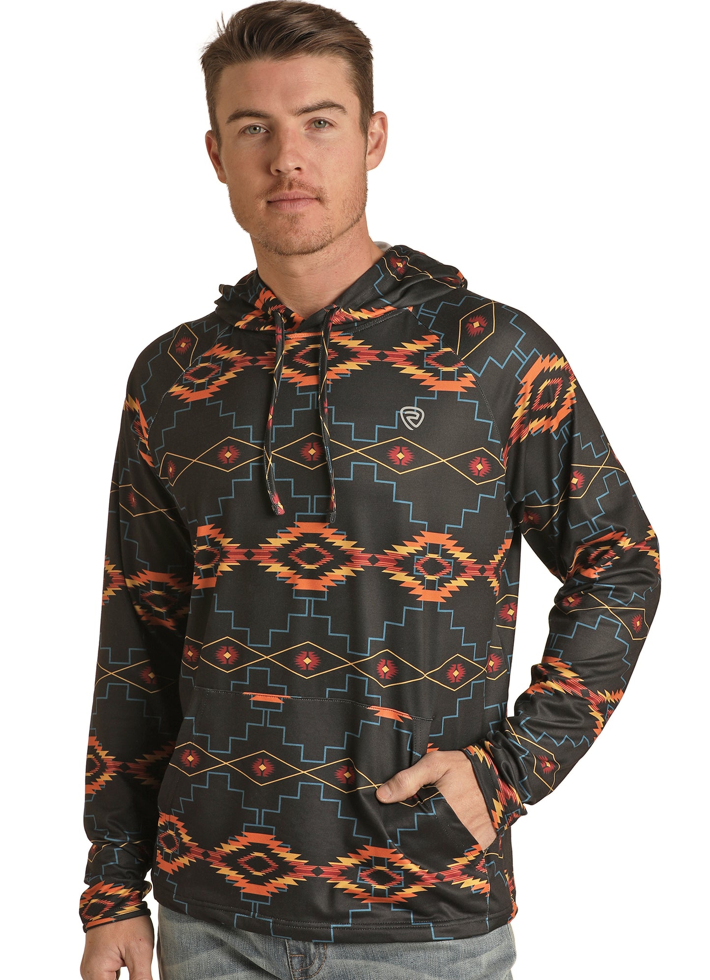 Rock & Roll Denim Men's Aztec Print Performance Hoodie Black