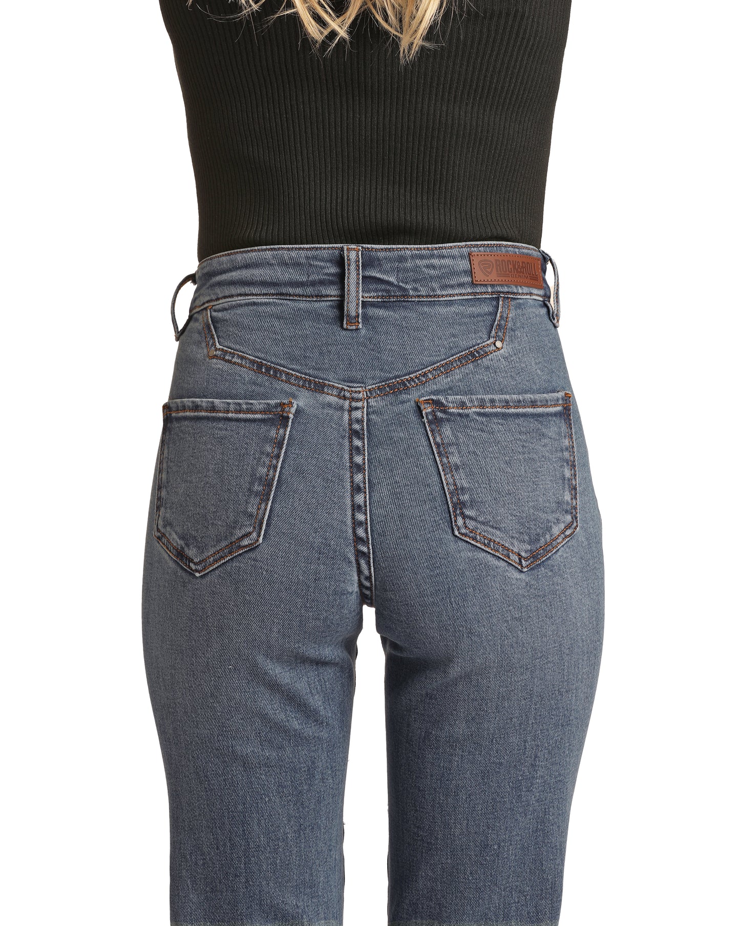 Rock & Roll Cowgirl Women's High Rise Yoke Detail Bootcut Jeans Medium Vintage Wash