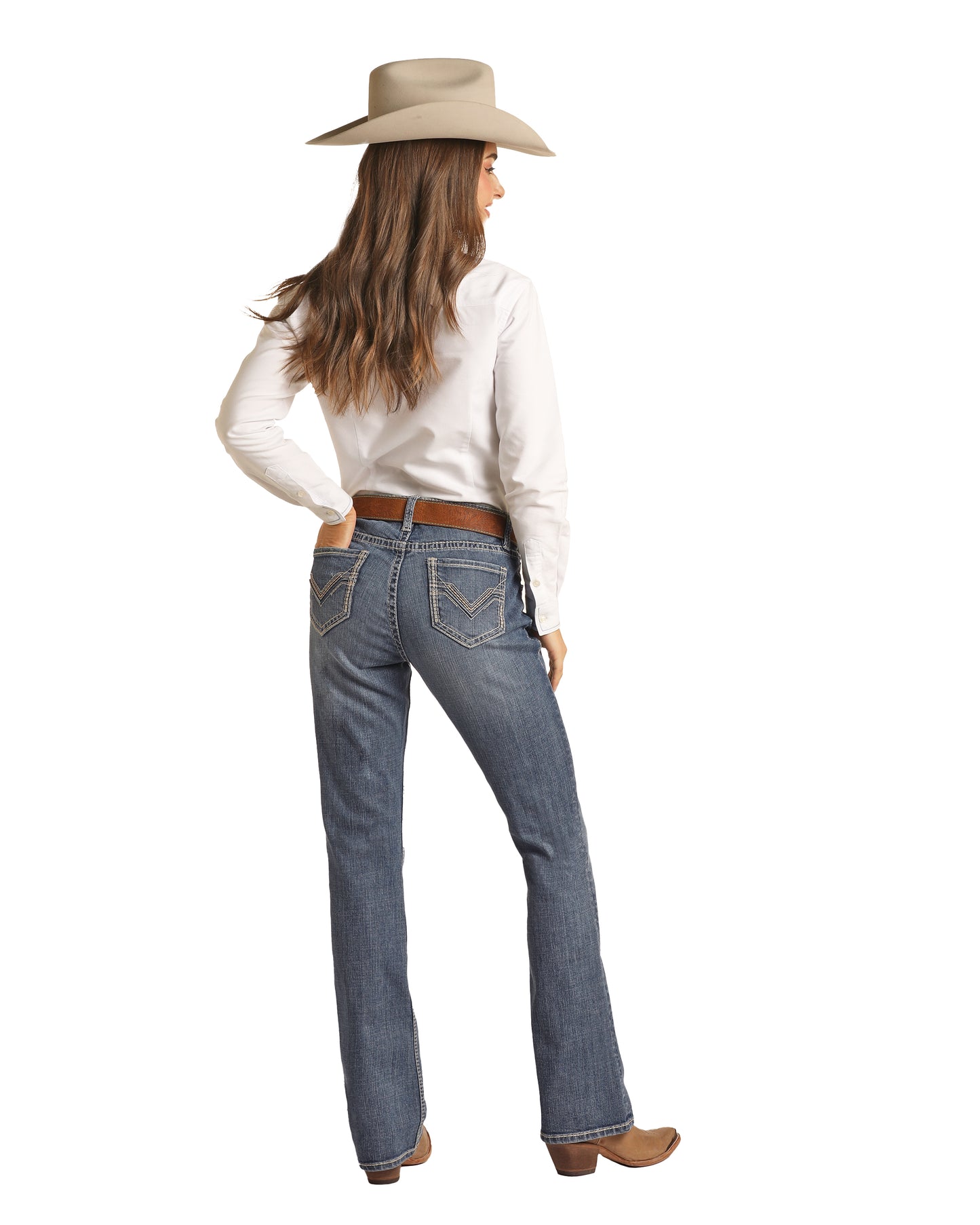 Rock & Roll Cowgirl Women's Reverse Denim Ivory Emblem Riding Jeans Medium Wash