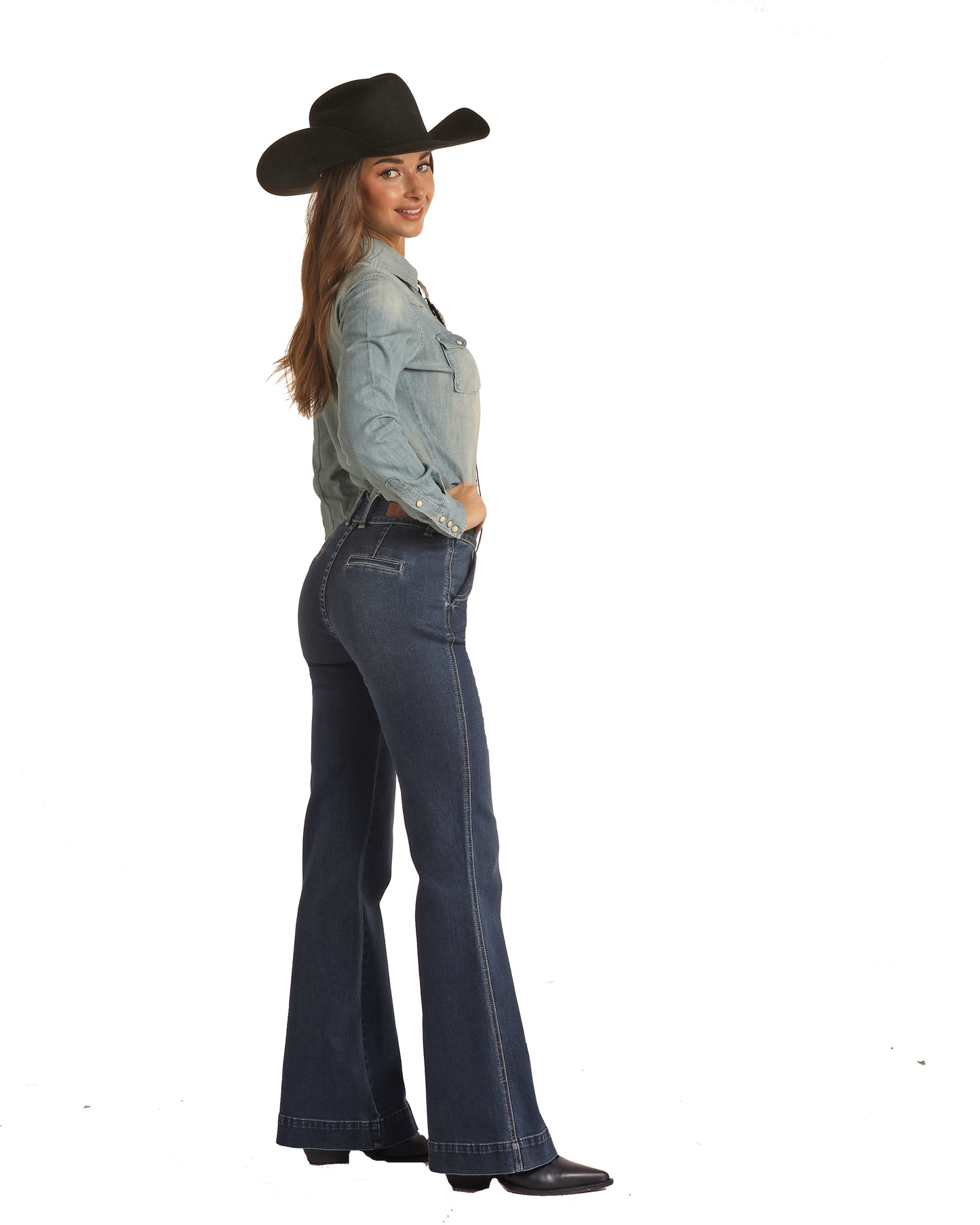 Rock & Roll Cowgirl Women's High Rise Extra Stretch Front Flap Pocket Trouser Jeans Dark Vintage Wash